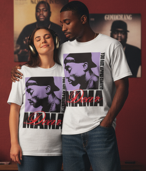 couple wearing matching white “Dear Mama” 2Pac T-shirts, standing in a 90s-style room with burgundy wall, posters and cassette player.