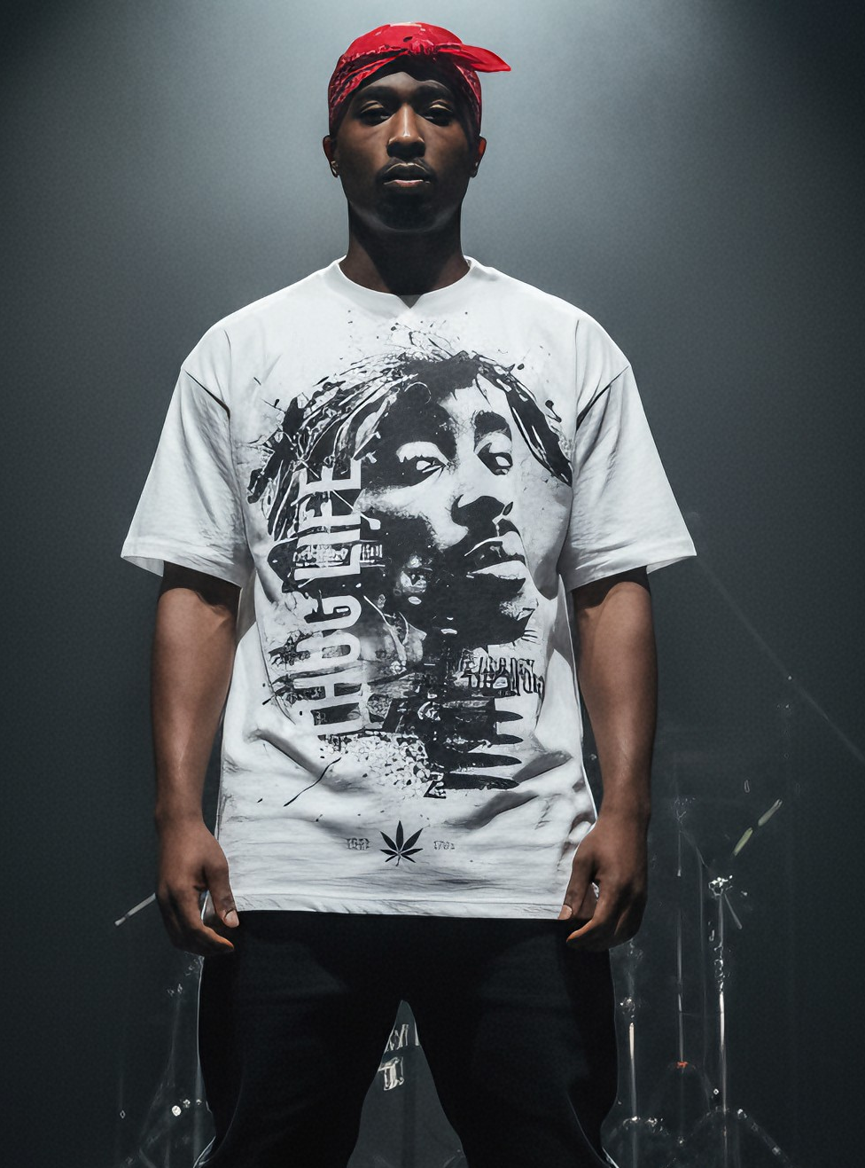 Thug Life T-shirt with 2PAC inspired portrait graphic, white short sleeve hip hop streetwear top front view
