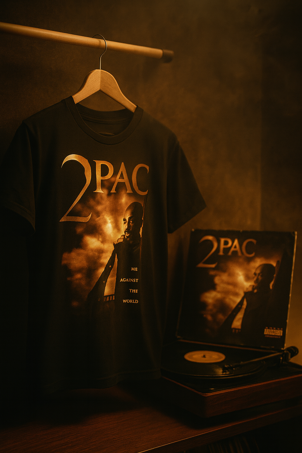 Black 2Pac “Me Against the World” T-shirt hanging in warm light, featuring the album’s original artwork and golden typography.