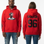 Unisex Tupac “Shakur 96” hoodie — front Tupac portrait, back varsity-style design, premium cotton fleece streetwear.