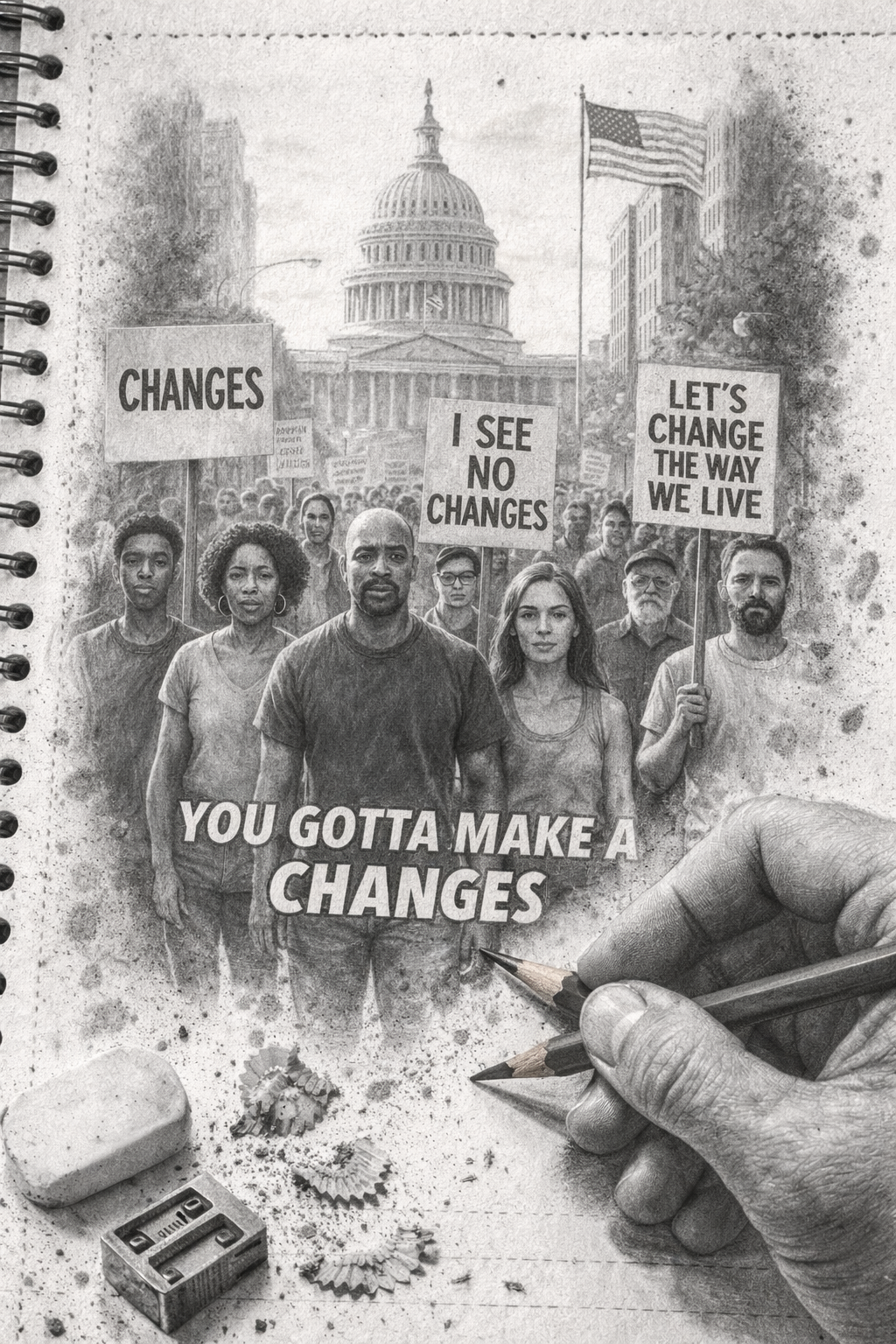 Artistic graphite-style image inspired by Tupac Shakur’s song Changes, symbolising reflection, peace, and humanity in a world affected by conflict.