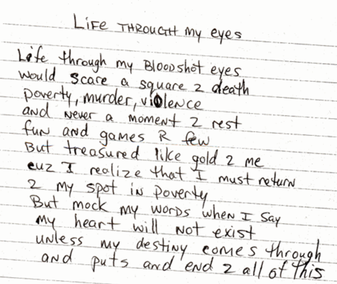 Handwritten poem Life Through My Eyes by Tupac Shakur