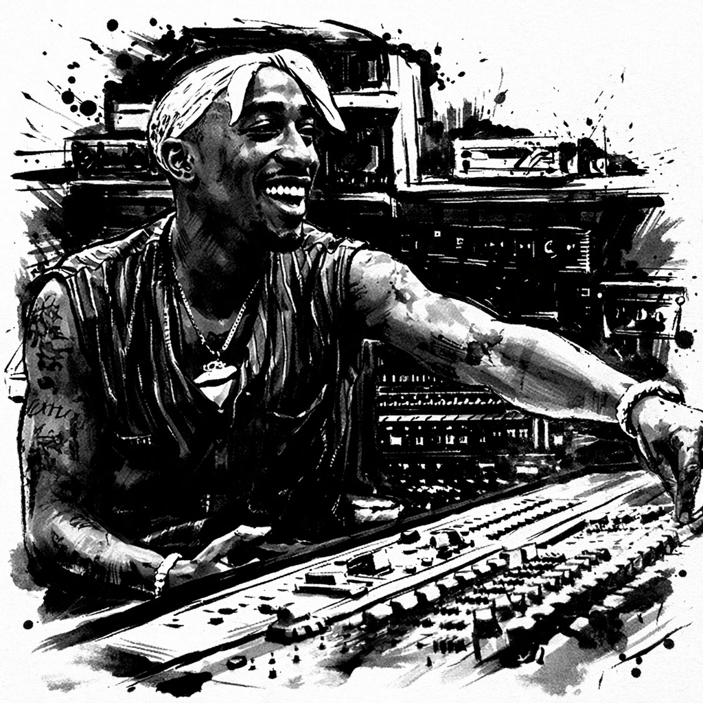 Tupac Shakur in a recording studio in the 1990s, reflecting his legacy of emotional storytelling and authenticity in rap